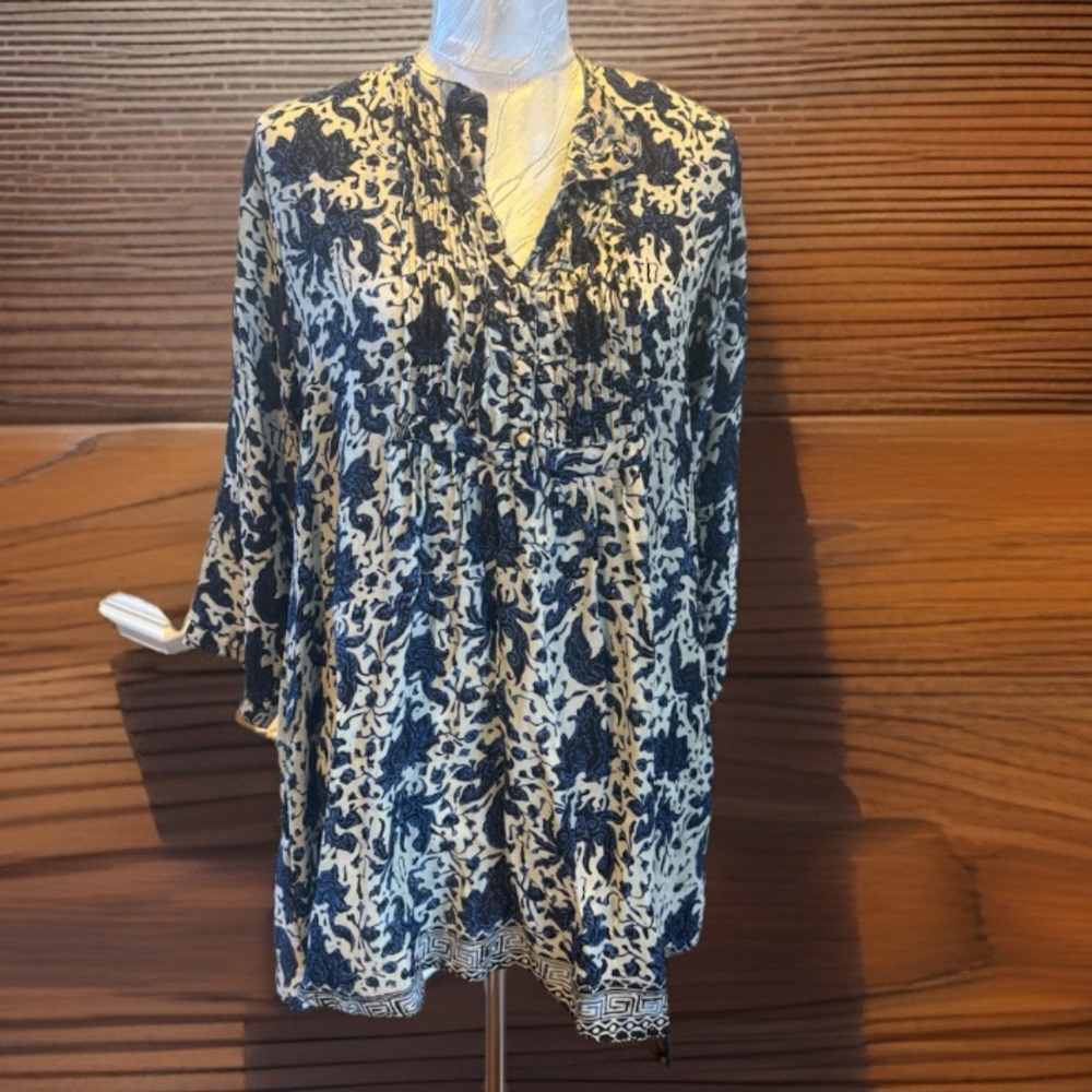 Vintage Natalie Martin Navy white ruffle front tunic